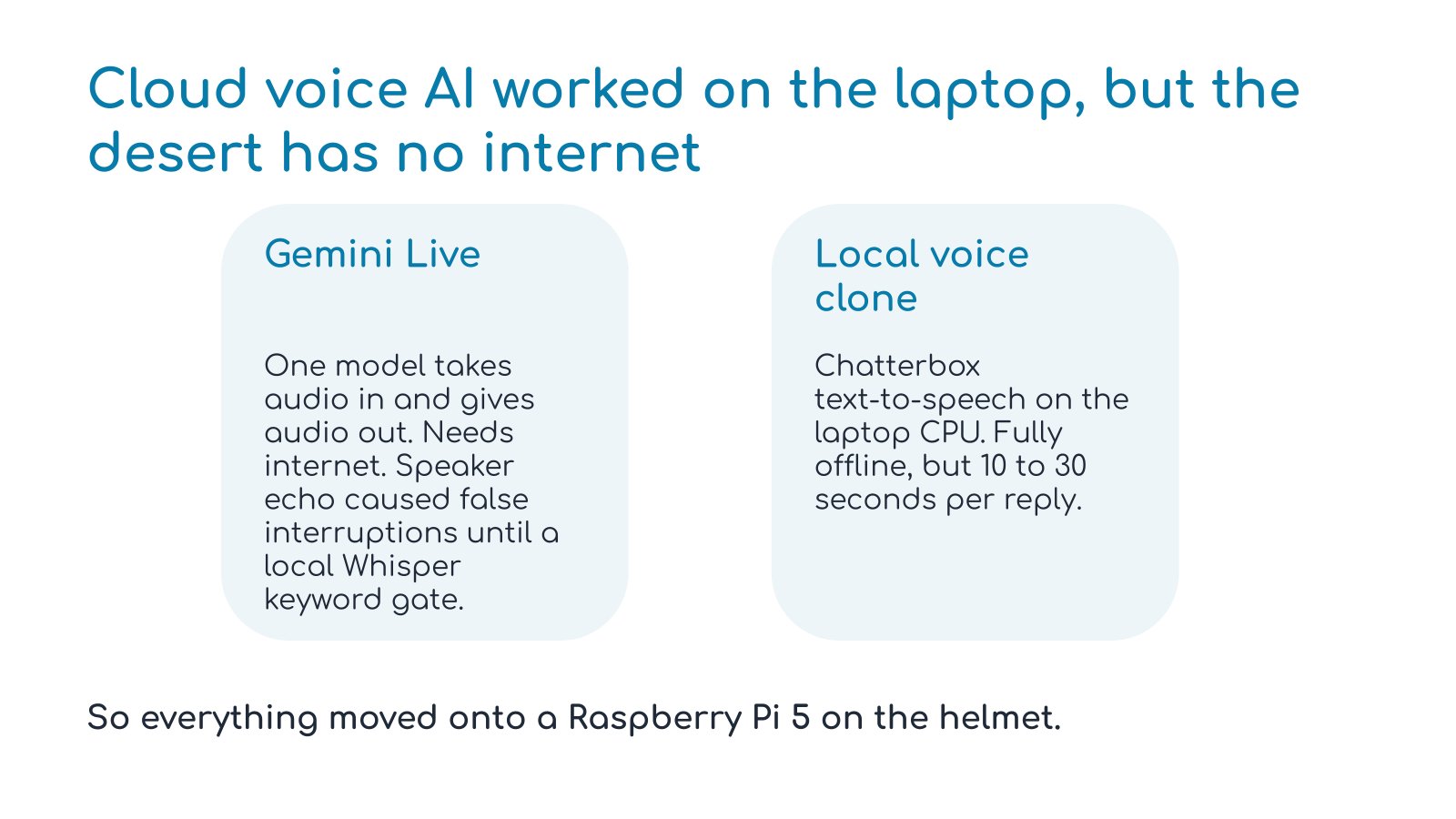 Three laptop prototypes: cloud chain, Gemini Live, local voice clone