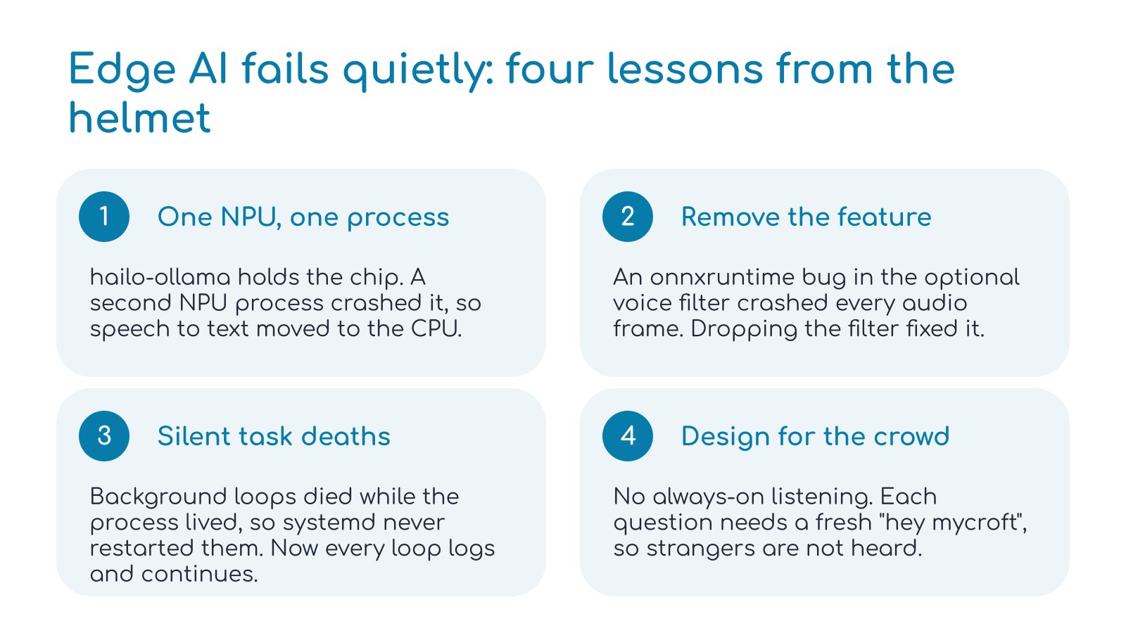 Four lessons: one NPU one process, remove the feature, silent task deaths, design for the crowd